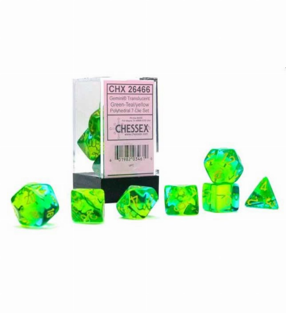 Σετ Ζάρια – 7 Dice Set Gemini Translucent Polyhedral Green-Teal with Yellow