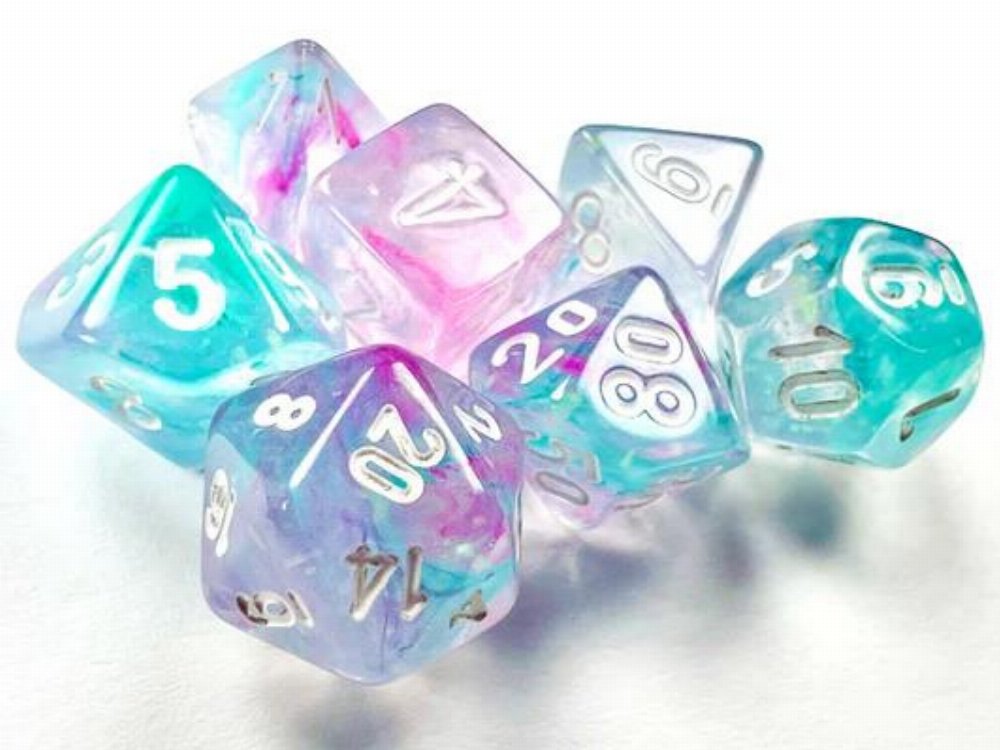 Σετ Ζάρια – 7 Mini Dice Set Polyhedral Nebula Wisteria with White