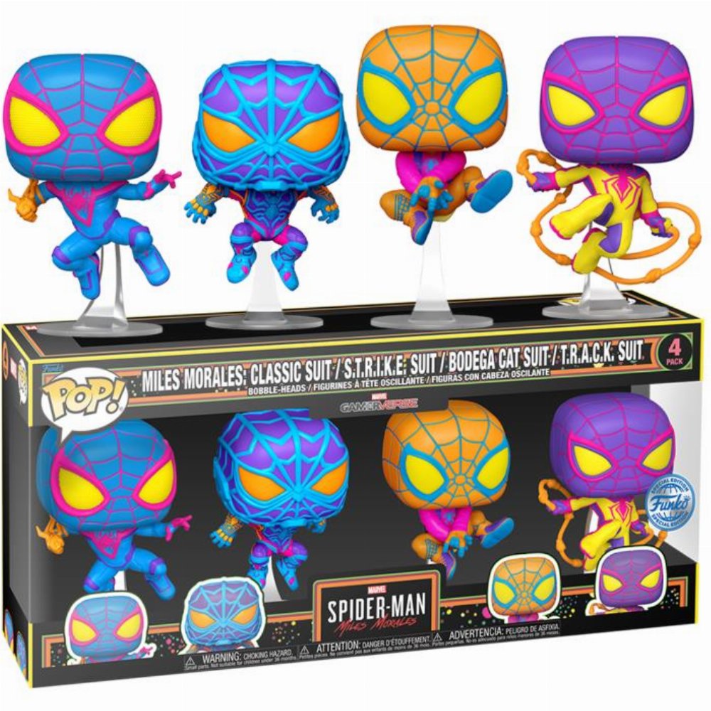 Φιγούρες Funko POP! Marvel – Miles Morales: Classic Suit, S.T.R.I.K.E. Suit, Bodega Cat Suit, T.R.A.C.K. Suit (Black Light) 4-Pack (Exclusive)
