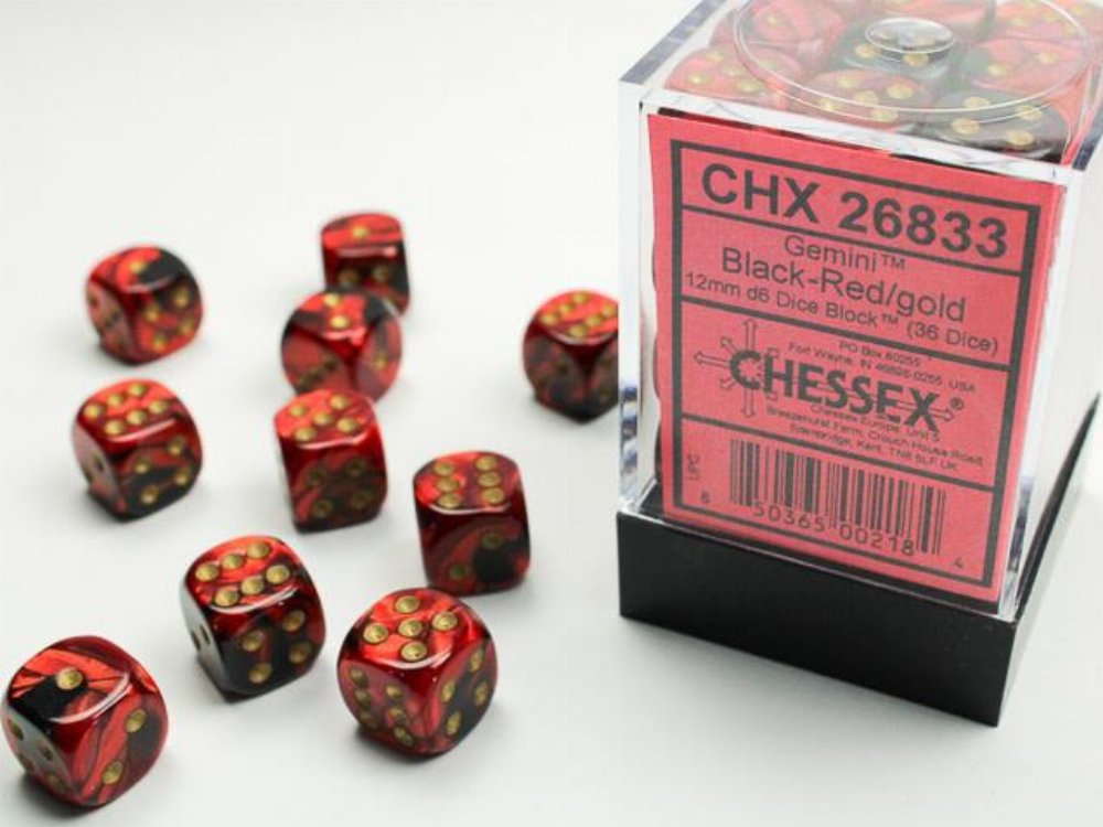 Σετ Ζάρια – 36 Gemini 12mm Pipped d6 – Black-Red w/gold Dice Block