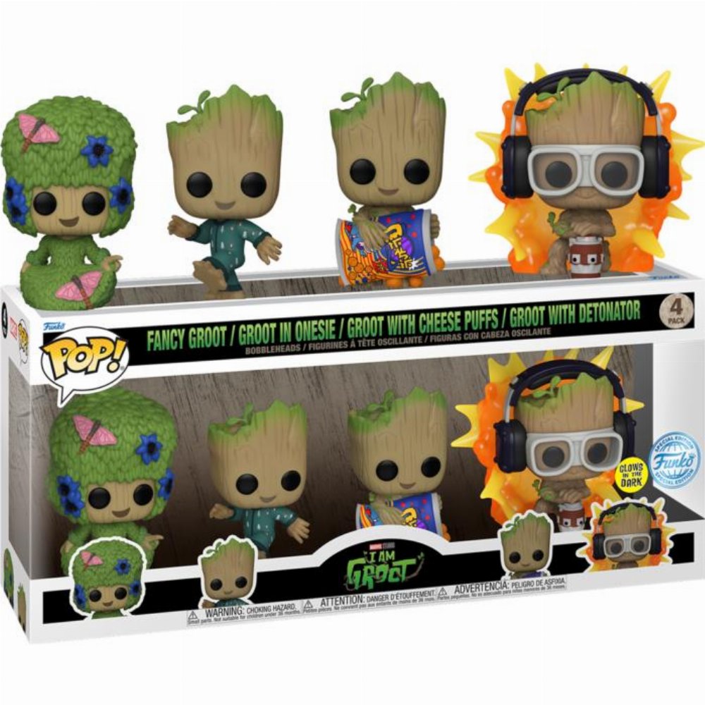 Φιγούρες Funko POP! Marvel: I Am Groot – Fancy Groot, Groot in Onesie, Groot with Cheese Puffs, Groot with Detonator (GITD) 4-Pack (Exclusive)