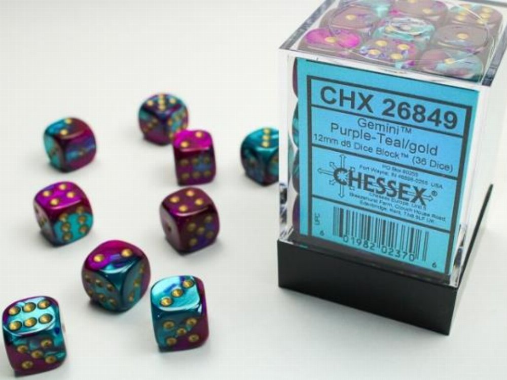 Σετ Ζάρια – 36 Gemini 12mm Pipped d6 – Purple-Teal with Gold Dice Block