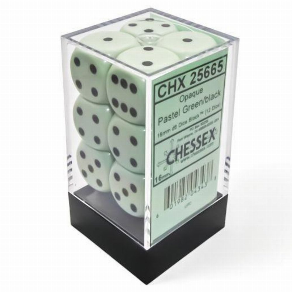 Σετ Ζάρια – 12 Opaque 16mm Pipped d6 – Pastel Green with Black Dice Block