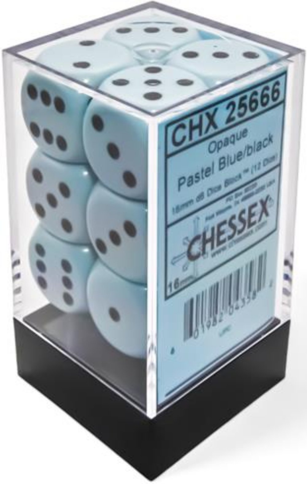 Σετ Ζάρια – 12 Opaque 16mm Pipped d6 – Pastel Blue with Black Dice Block