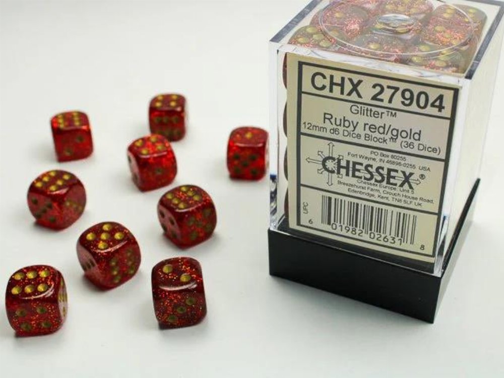 Σετ Ζάρια – 36 Signature 12mm Pipped d6 – Glitter Ruby with Gold Dice Block