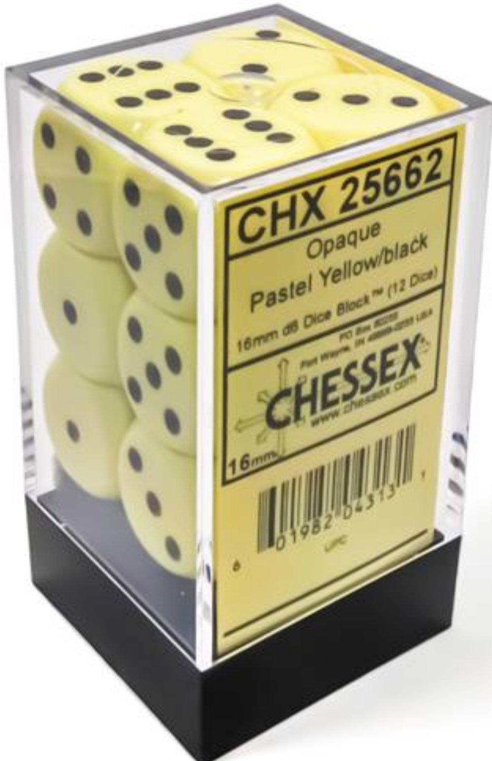 Σετ Ζάρια – 12 Opaque 16mm Pipped d6 – Pastel Yellow with Black Dice Block