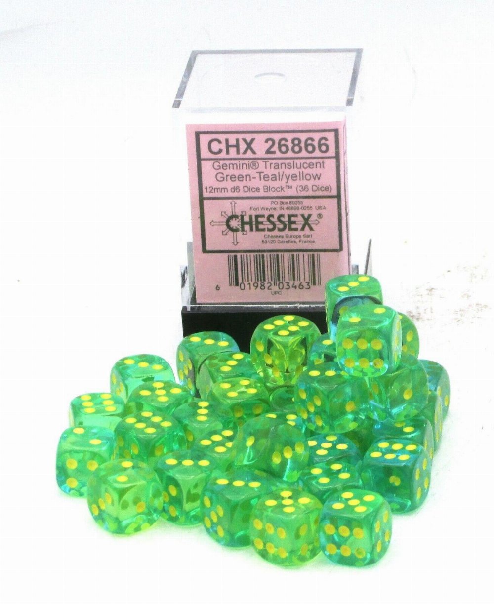 Σετ Ζάρια – 36 Gemini 12mm Pipped d6 – Translucent Green-Teal with Yellow Dice Block