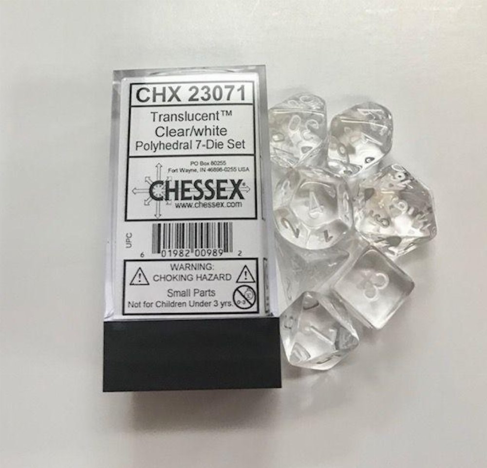 Σετ Ζάρια – 7 Dice Set Translucent Polyhedral Clear with White