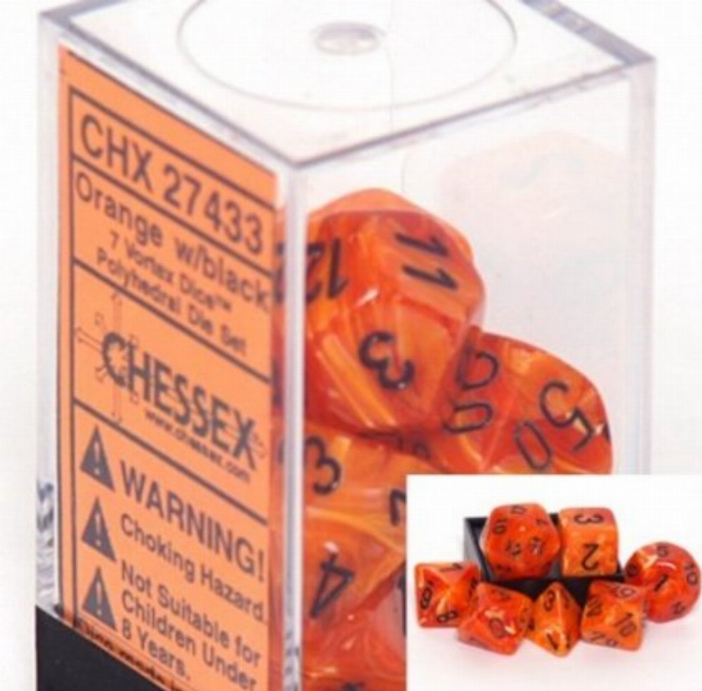 Σετ Ζάρια – 7 Dice Set Vortex Dice Polyhedral Orange with Black