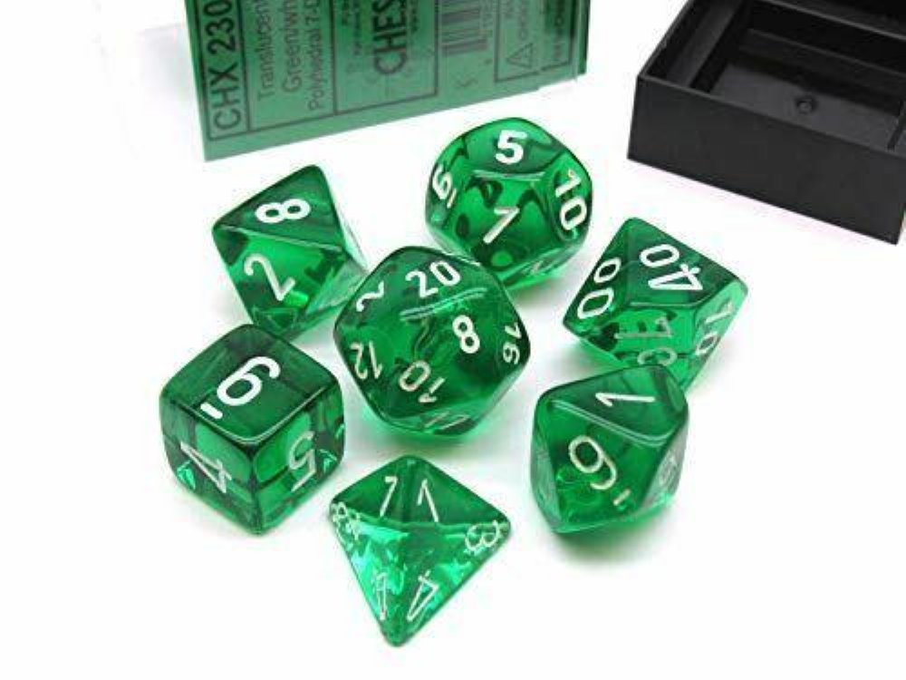 Σετ Ζάρια – 7 Dice Set Translucent Polyhedral Green with White