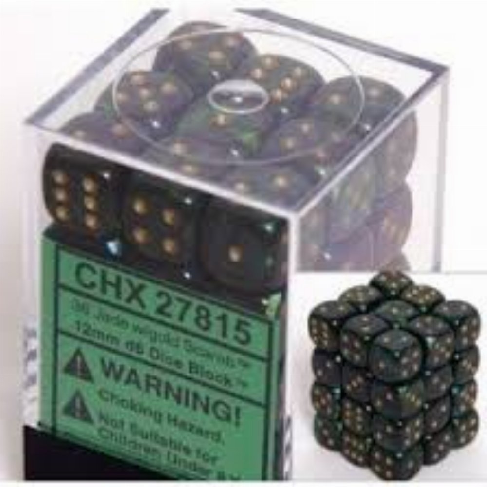 Σετ Ζάρια – 36 Borealis 12mm Pipped d6 – Jade w/gold Dice Block