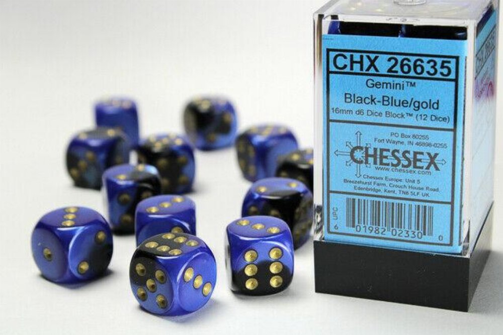 Σετ Ζάρια – 12 Gemini 16mm Pipped d6 – Black-Blue with Gold Dice Block
