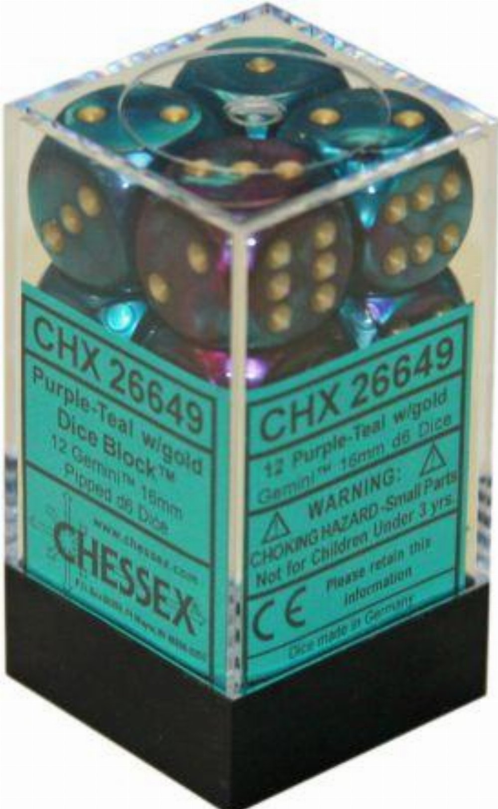 Σετ Ζάρια – 12 Gemini 16mm Pipped d6 – Purple-Teal with Gold