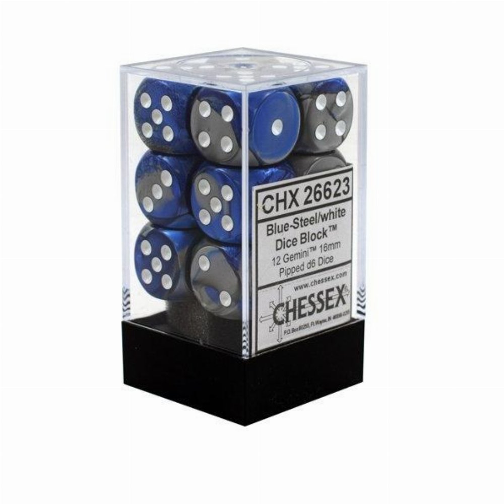 Σετ Ζάρια – 12 Gemini 16mm Pipped d6 – Blue-steel with White Dice Block