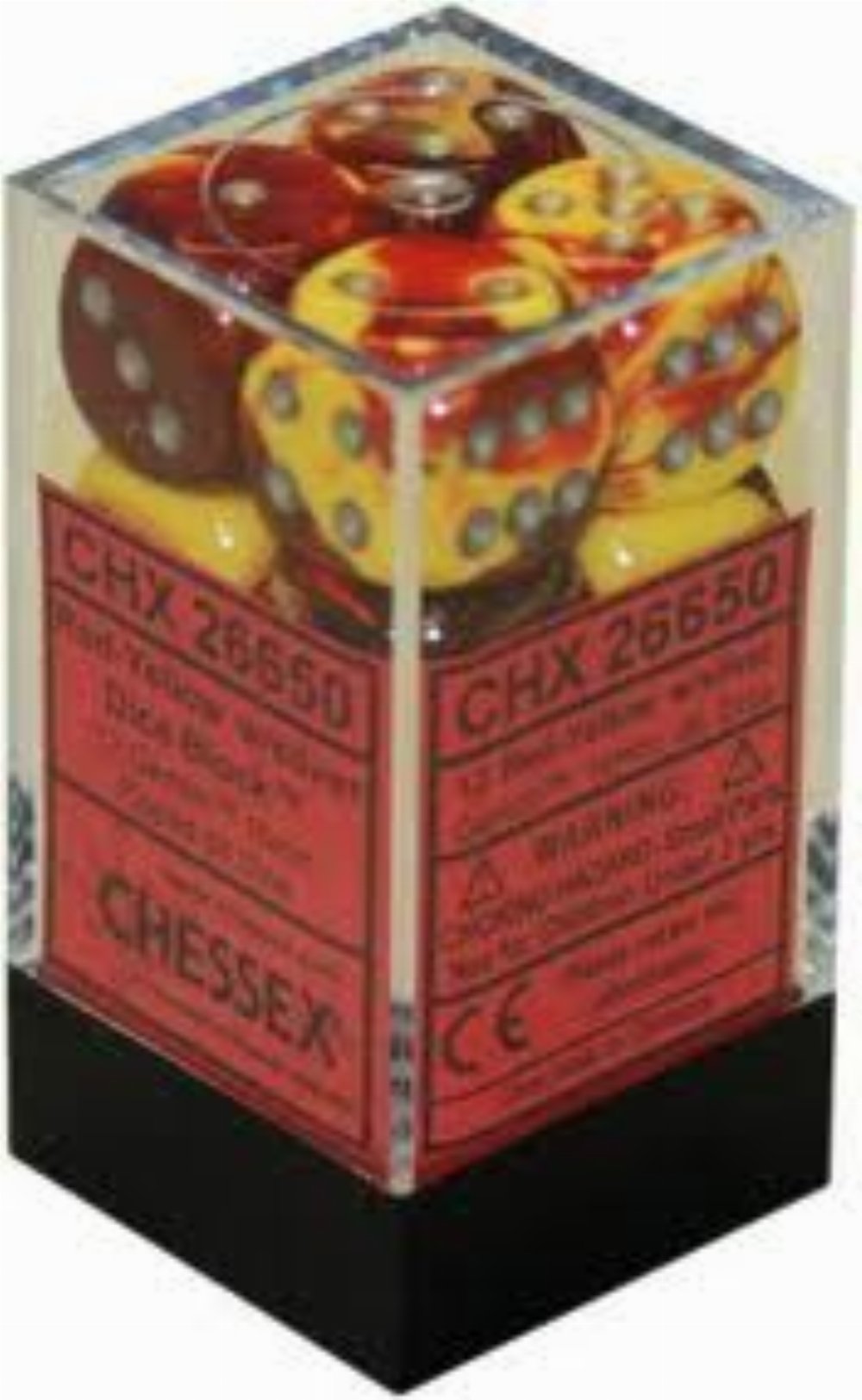 Σετ Ζάρια – 12 Gemini 16mm Pipped d6 – Red-Yellow with Silver Dice Block