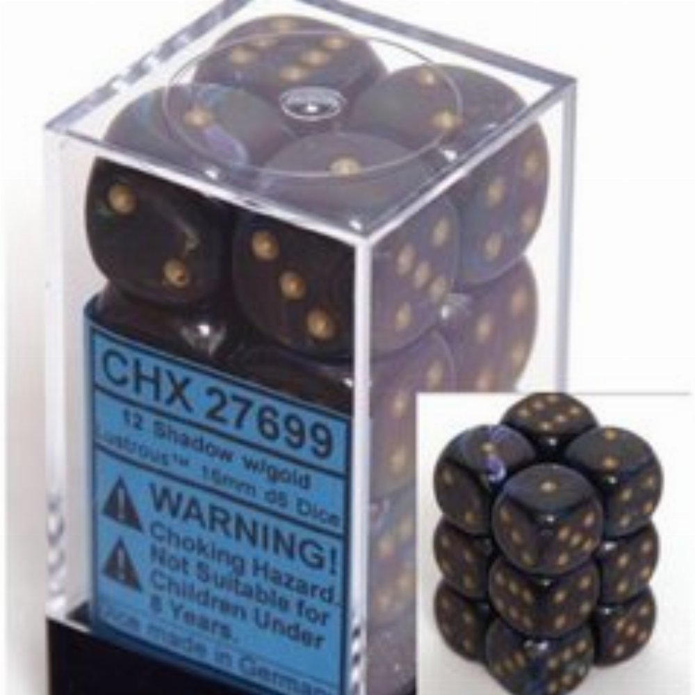 Σετ Ζάρια – 12 Lustrous 16mm Pipped d6 – Shadow with Gold