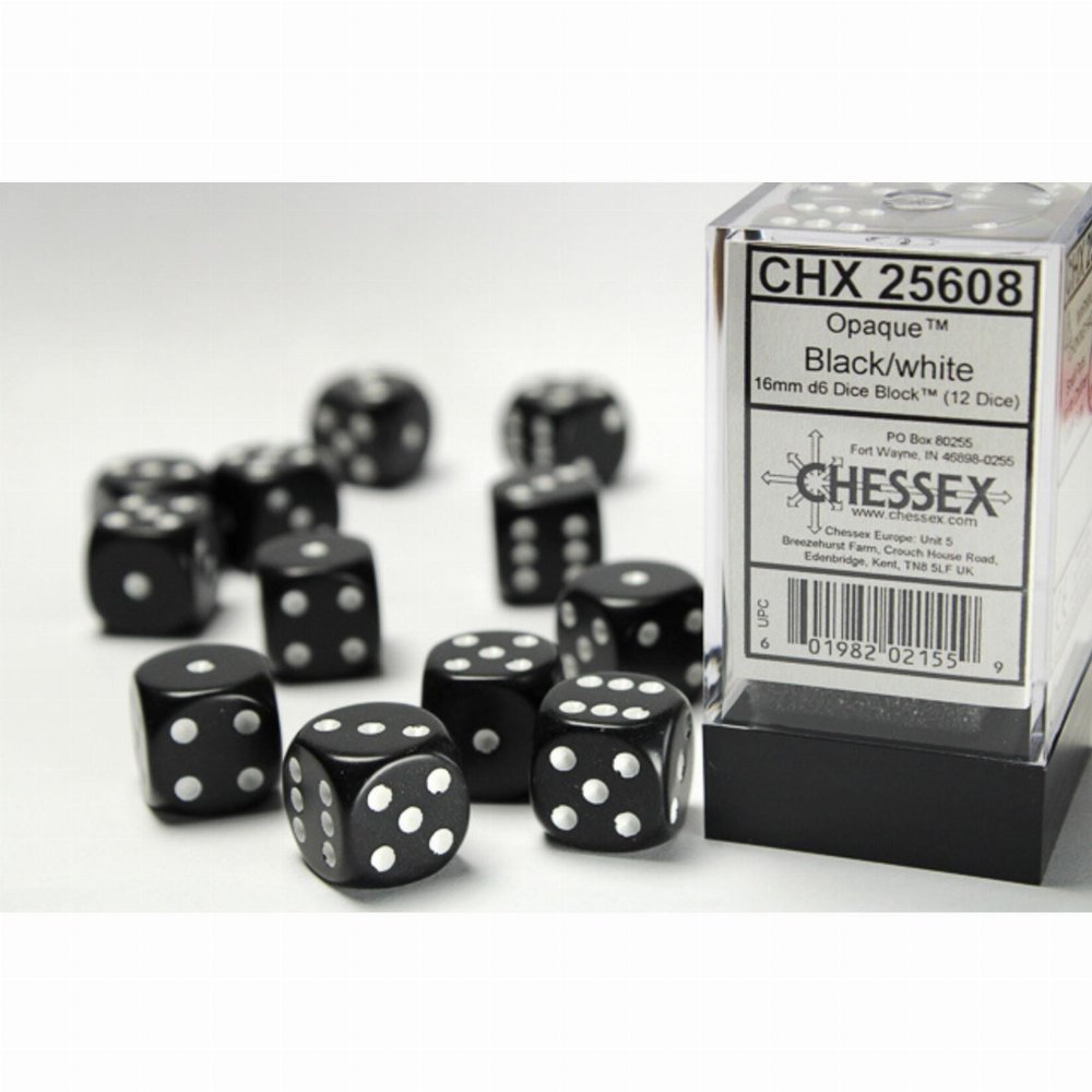 Σετ Ζάρια – 12 Opaque 16mm Pipped d6 – Black w/white Dice Block