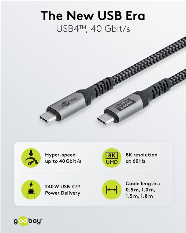 GOOBAY καλώδιο USB-C 74210, USB4, 240W, 40Gbps, 8K/60Hz, 0.50m, γκρι