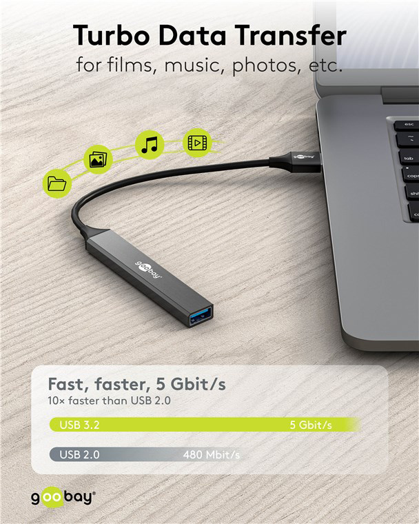 GOOBAY USB hub 74456, 4x θυρών, USB 3.2, 5Gbps, USB σύνδεση, γκρι