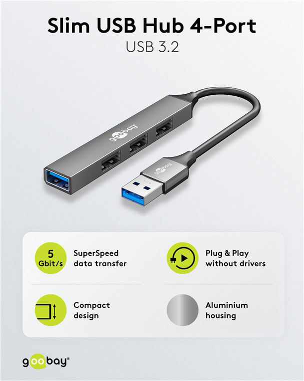 GOOBAY USB hub 74456, 4x θυρών, USB 3.2, 5Gbps, USB σύνδεση, γκρι