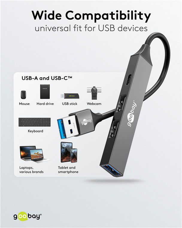 GOOBAY USB hub 74458, 4x θυρών, USB 3.2, 5Gbps, USB σύνδεση, γκρι