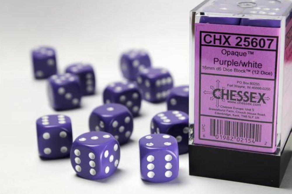 Σετ Ζάρια – 12 Opaque 16mm Pipped d6 – Purple w/white Dice Block