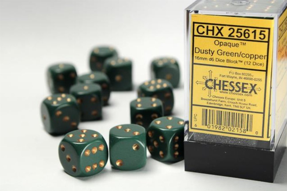 Σετ Ζάρια – 12 Opaque 16mm Pipped d6 – Dusty Green with Gold