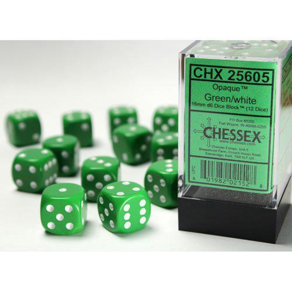 Σετ Ζάρια – 12 Opaque 16mm Pipped d6 – Green w/white Dice Block