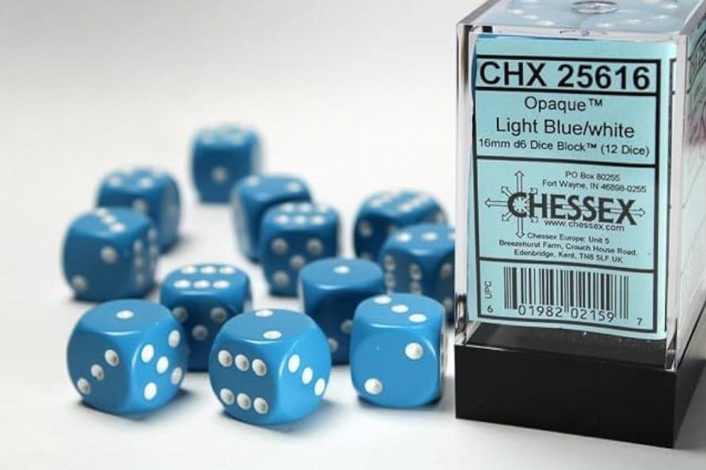 Σετ Ζάρια – 12 Opaque 16mm Pipped d6 – Light Blue w/white Dice Block