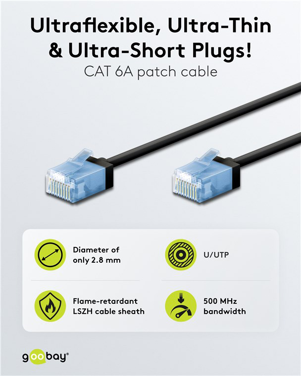 GOOBAY καλώδιο δικτύου 74233, CAT 6A U/UTP, slim, copper, 500MHz, 1m, μαύρο