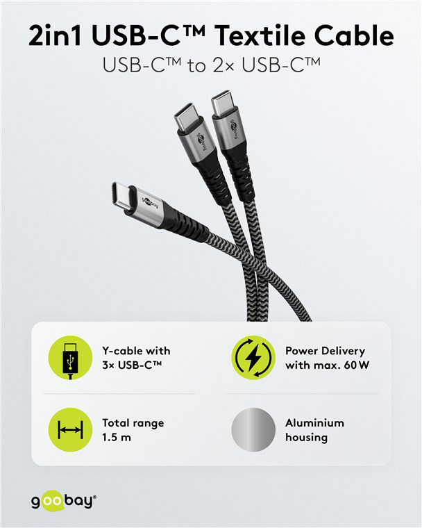 GOOBAY καλώδιο USB-C σε 2x USB-C 75739, 60W, 480Mbps, 1.5m, γκρι