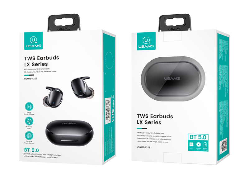 USAMS earphones με θήκη φόρτισης LX08, True Wireless, μαύρα