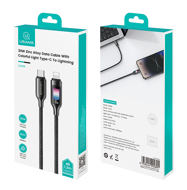 USAMS καλώδιο Lightning σε USB-C SJ749, 30W, 480Mbps, 1.2m, μαύρο