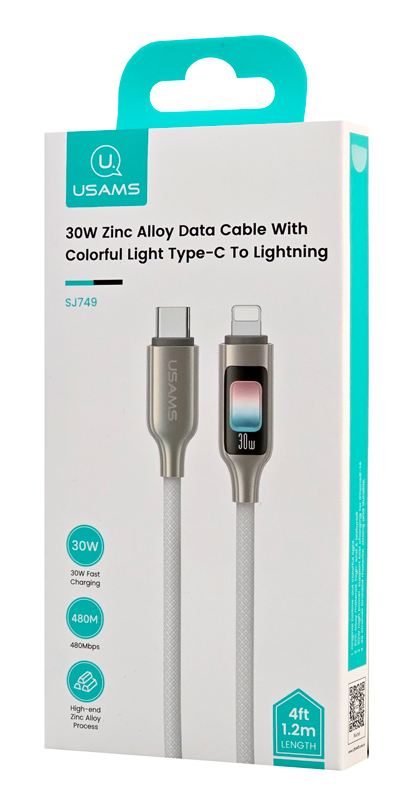 USAMS καλώδιο Lightning σε USB-C SJ749, 30W, 480Mbps, 1.2m, λευκό