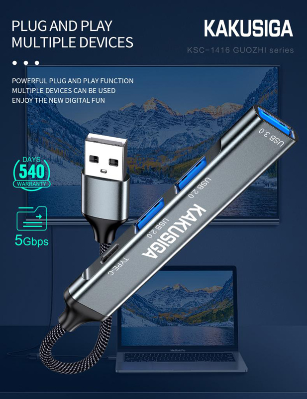 KAKUSIGA USB hub KSC-1416, 4x θυρών, USB 3.0, 5Gbps, USB σύνδεση, γκρι