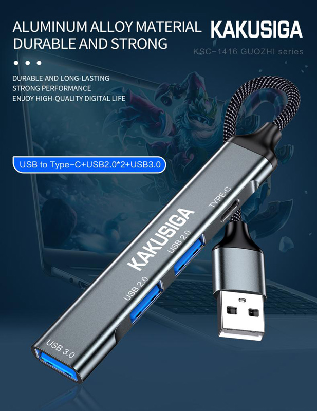 KAKUSIGA USB hub KSC-1416, 4x θυρών, USB 3.0, 5Gbps, USB σύνδεση, γκρι