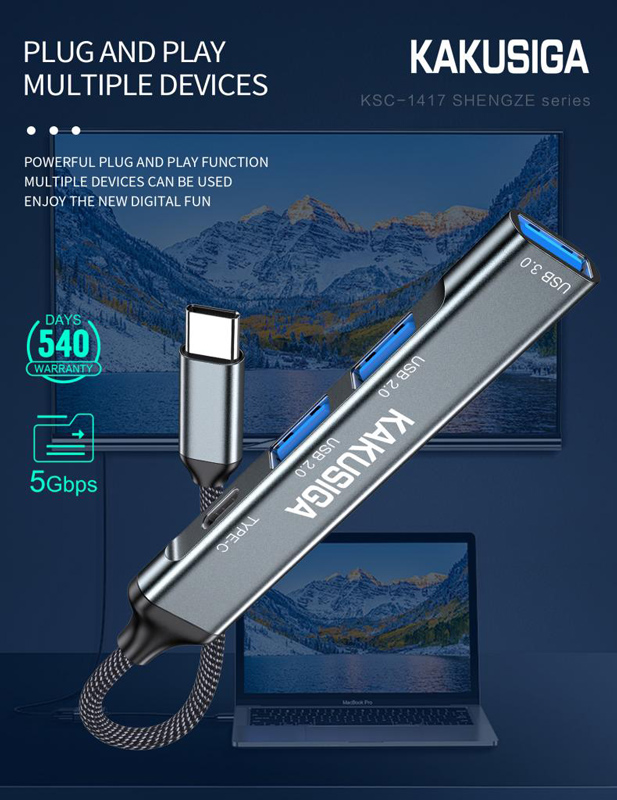 KAKUSIGA USB hub KSC-1417, 4x θυρών, USB 3.0, 5Gbps, USB-C σύνδεση, γκρι