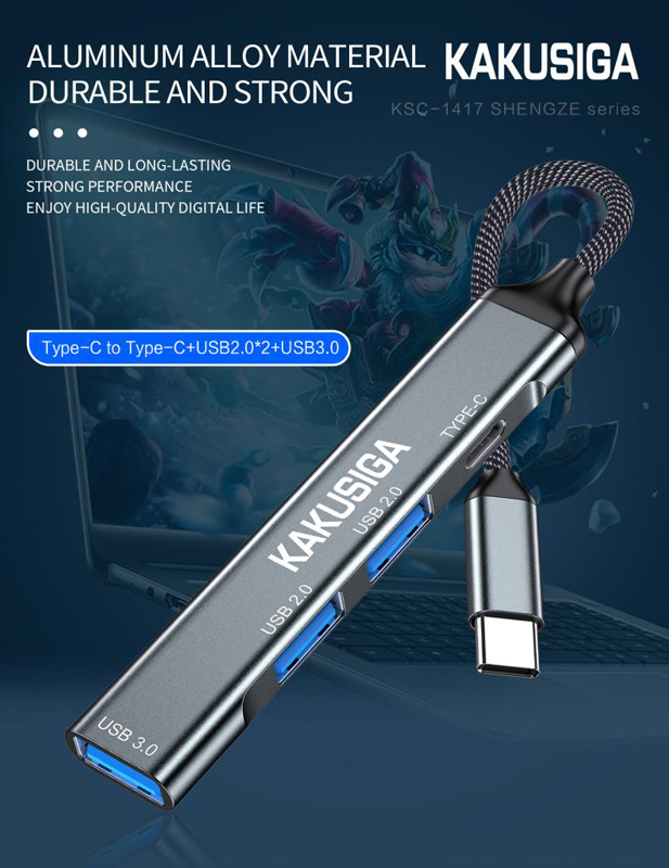 KAKUSIGA USB hub KSC-1417, 4x θυρών, USB 3.0, 5Gbps, USB-C σύνδεση, γκρι