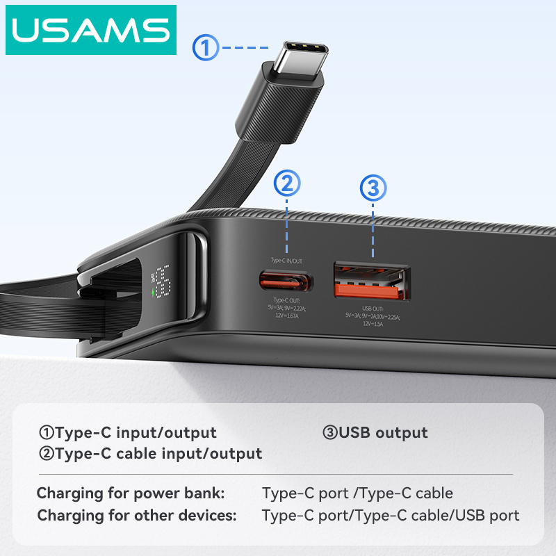 USAMS power bank CD224 με καλώδιο USB-C, 2x θύρες εξόδου, 10000mAh, 20W, λευκό