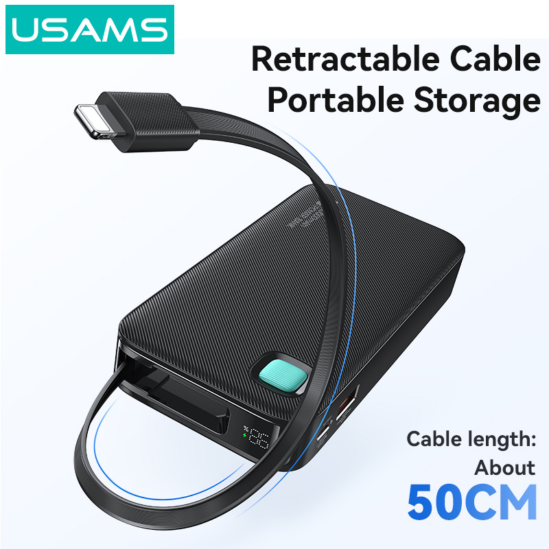 USAMS power bank CD225 με καλώδιο Lightning, 2x θύρες εξόδου, 10000mAh, 20W, μαύρο