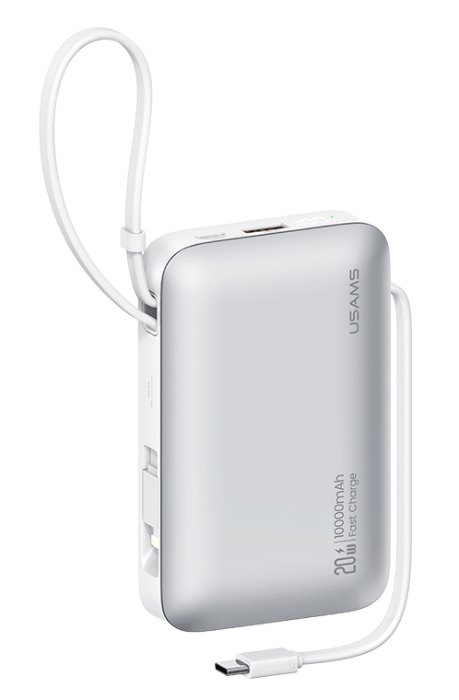 USAMS power bank CD228 με 2x καλώδια, 2x θύρες εξόδου, 10000mAh, 20W, ασημί