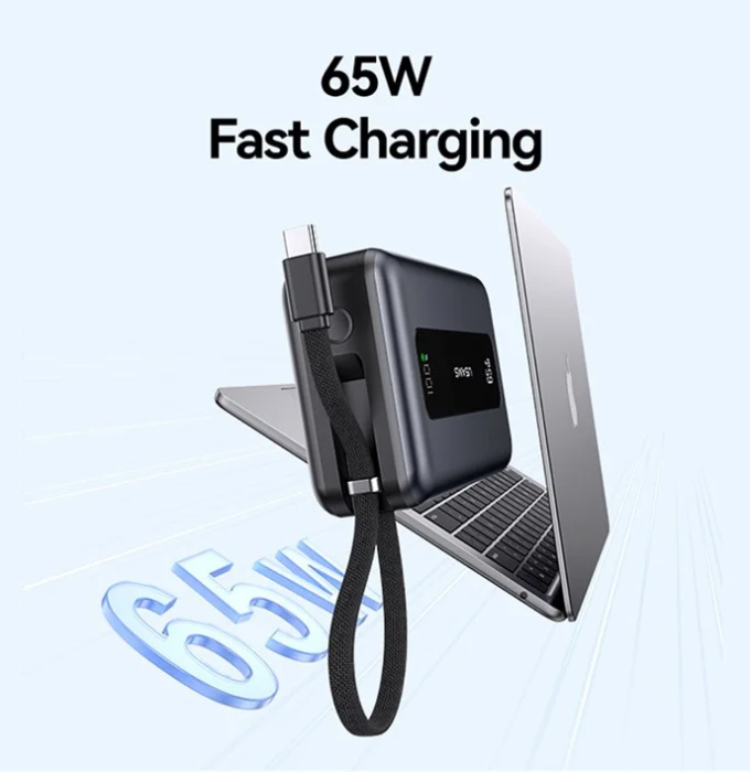 USAMS power bank CD243 με καλώδιο USB-C, 2x θύρες εξόδου, 20000mAh, 65W, γκρι