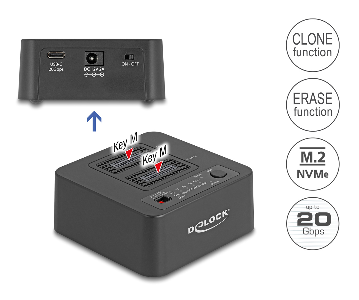 DELOCK docking station 64300 για 2x M.2 NVMe SSD, clone/erase function, 20Gbps, μαύρο