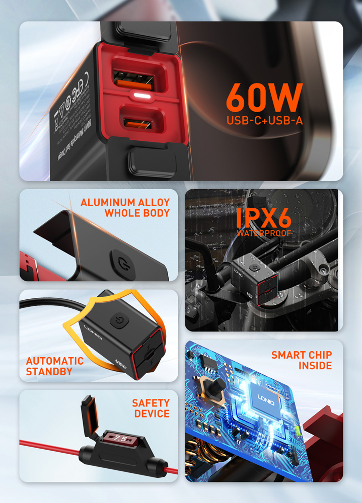 LDNIO φορτιστής μοτοσυκλέτας C108 με καλώδιο, USB/USB-C, 60W, μαύρος