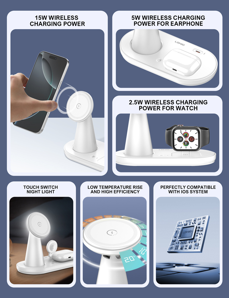LDNIO ασύρματος φορτιστής WL01 με LED φωτισμό, 3 σε 1, 15W, λευκός
