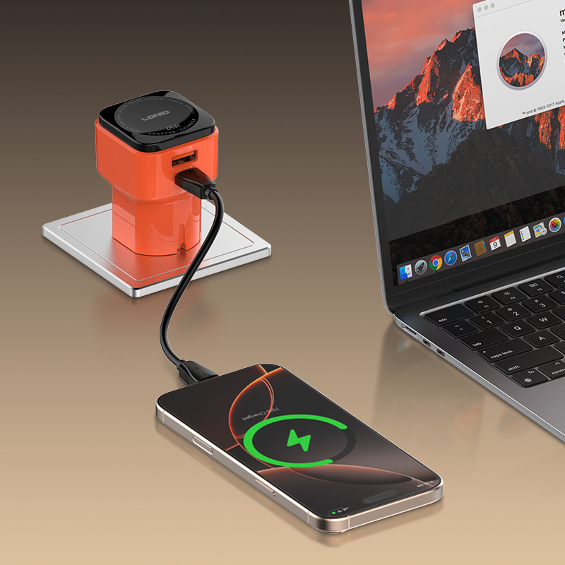 LDNIO φορτιστής τοίχου Q2420 με καλώδιο, USB/USB-C, 45W, universal πρίζα, πορτοκαλί