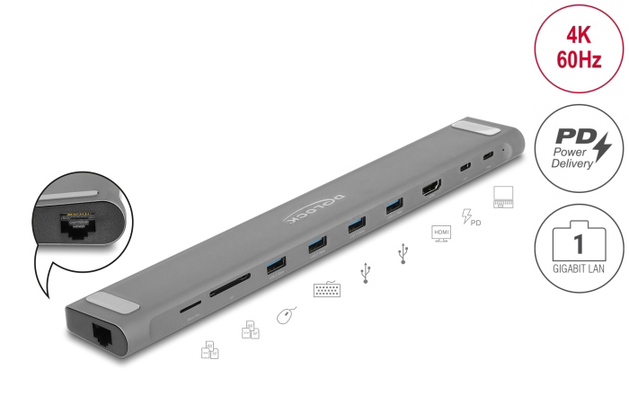 DELOCK docking station 87895, 9 θυρών, βάση laptop, 85W PD, 4K, γκρι