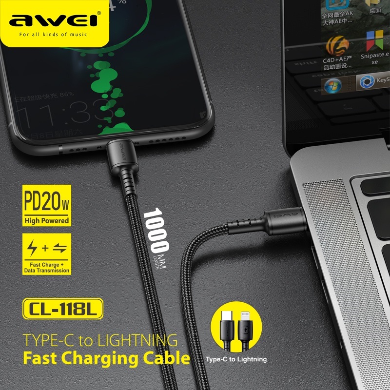 Καλώδιο φόρτισης & data – Type-C σε Lightning – CL-118L – 20W – AWEI – 887950