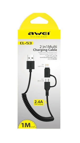 Καλώδιο φόρτισης & data 2in1 σπιράλ – Micro USB & Lightning – CL-53 – 1m – AWEI – 888209