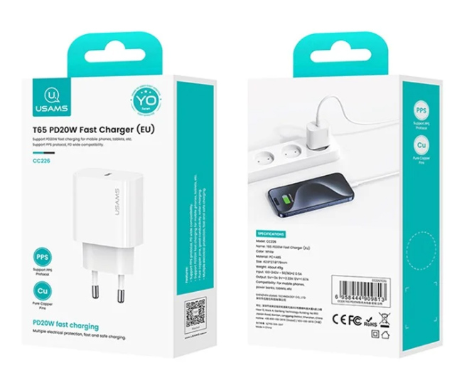 USAMS φορτιστής τοίχου CC226, USB-C, 20W, λευκός